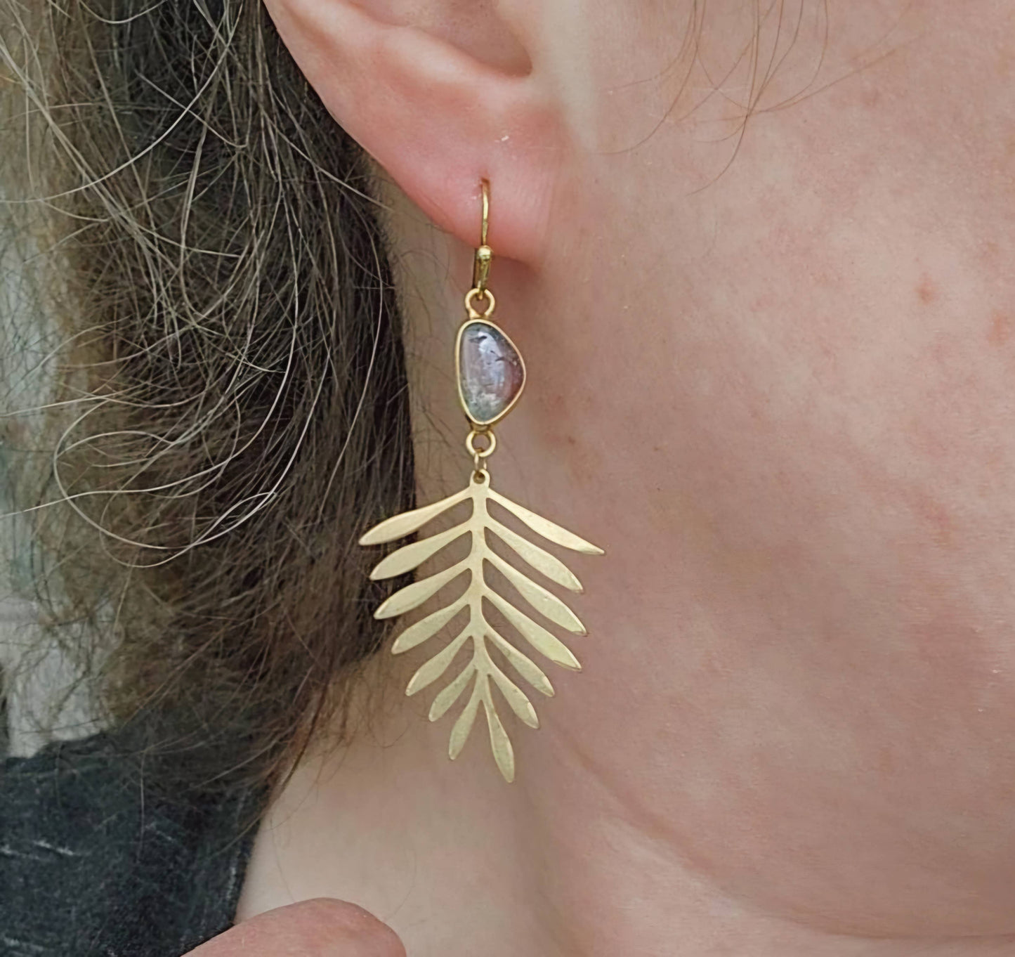 Brass Fern Leaf & Watermelon Tourmaline Dangle Earrings