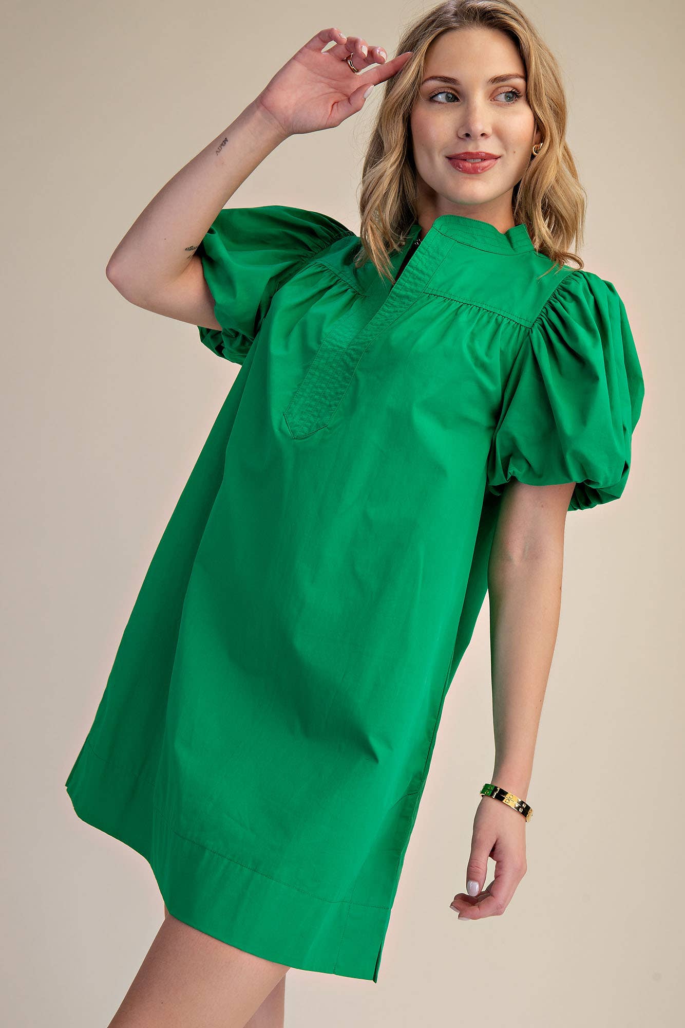 V-Neck Bubble Sleeve Mini Dress