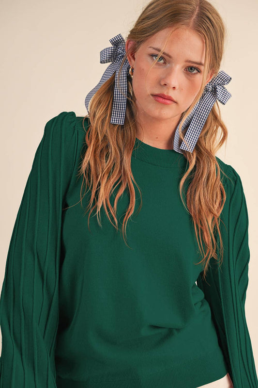 STRIPE TEXTURE PUFF SLEEVE SWEATER