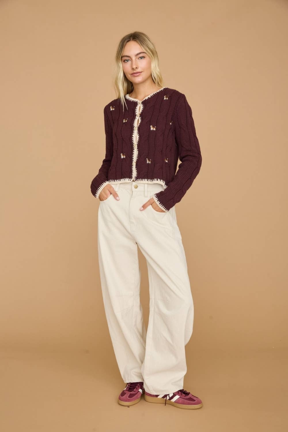 Embroidered Dog Cable Knit Cardigan Sweater Top