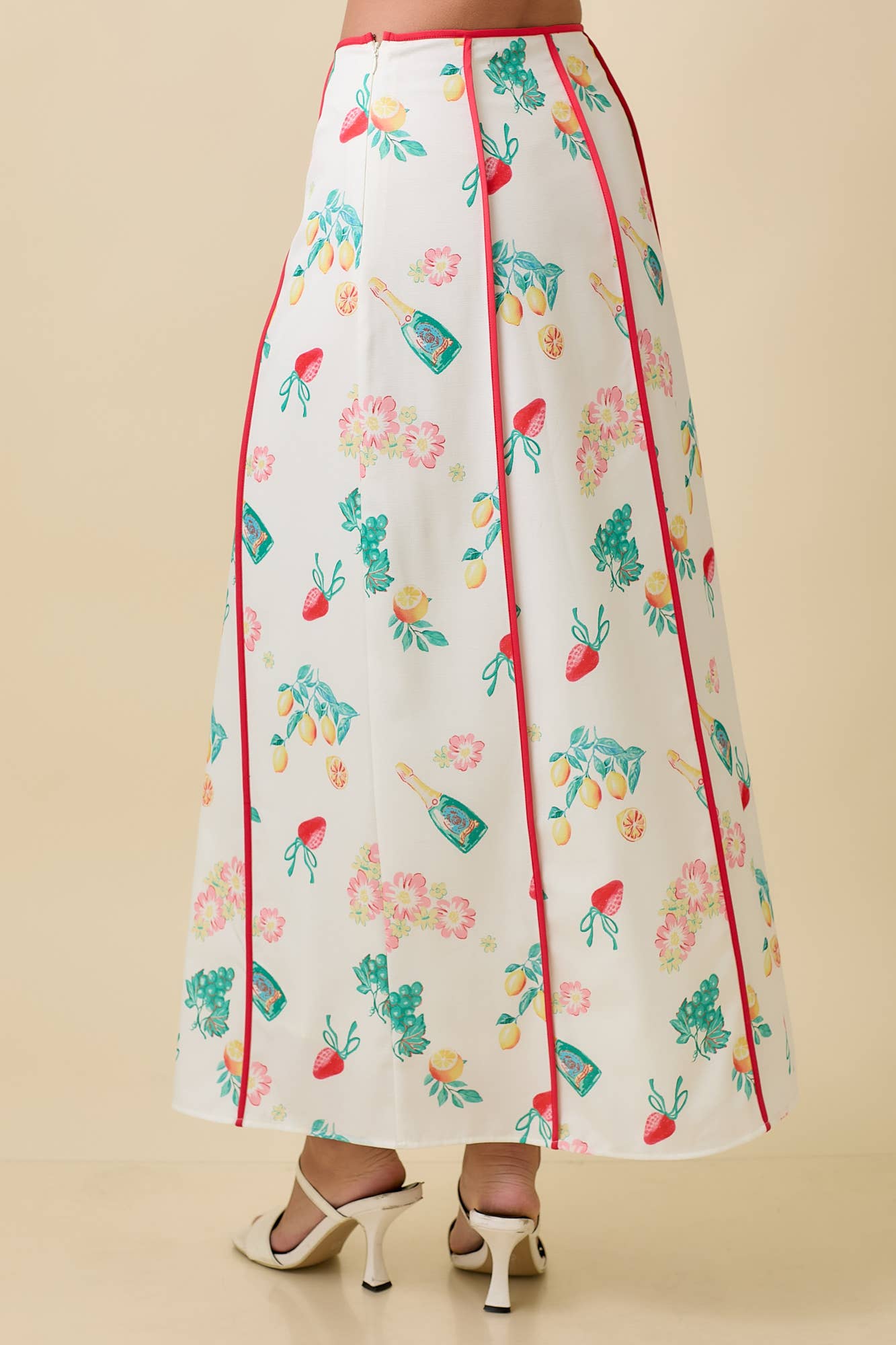 Vintage Fruit Print Midi Skirt - Ivory