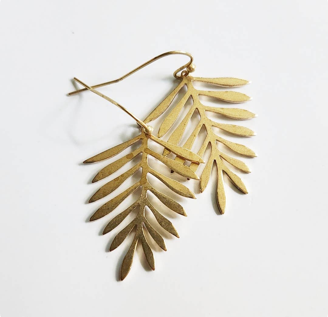 Brass Fern Leaf & Watermelon Tourmaline Dangle Earrings