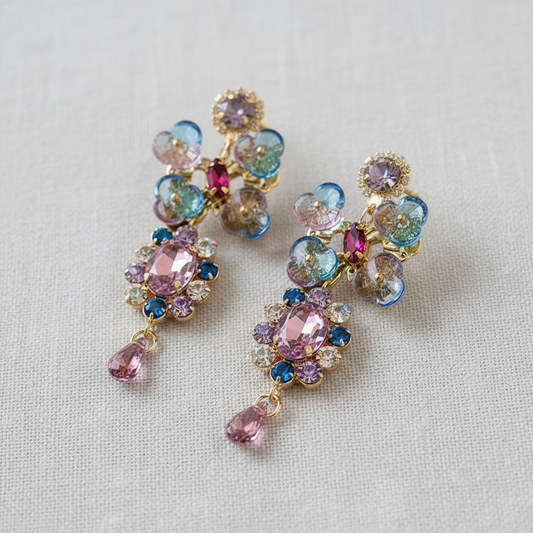 Asymmetric Crystal Floral Drop Earrings