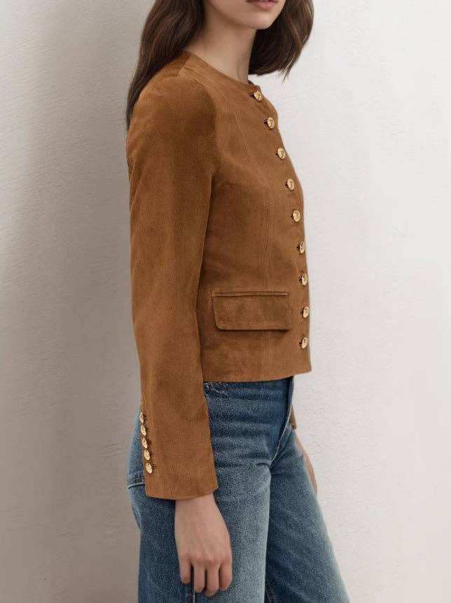 Brown Suede Cropped Jacket with Gold Button Detail