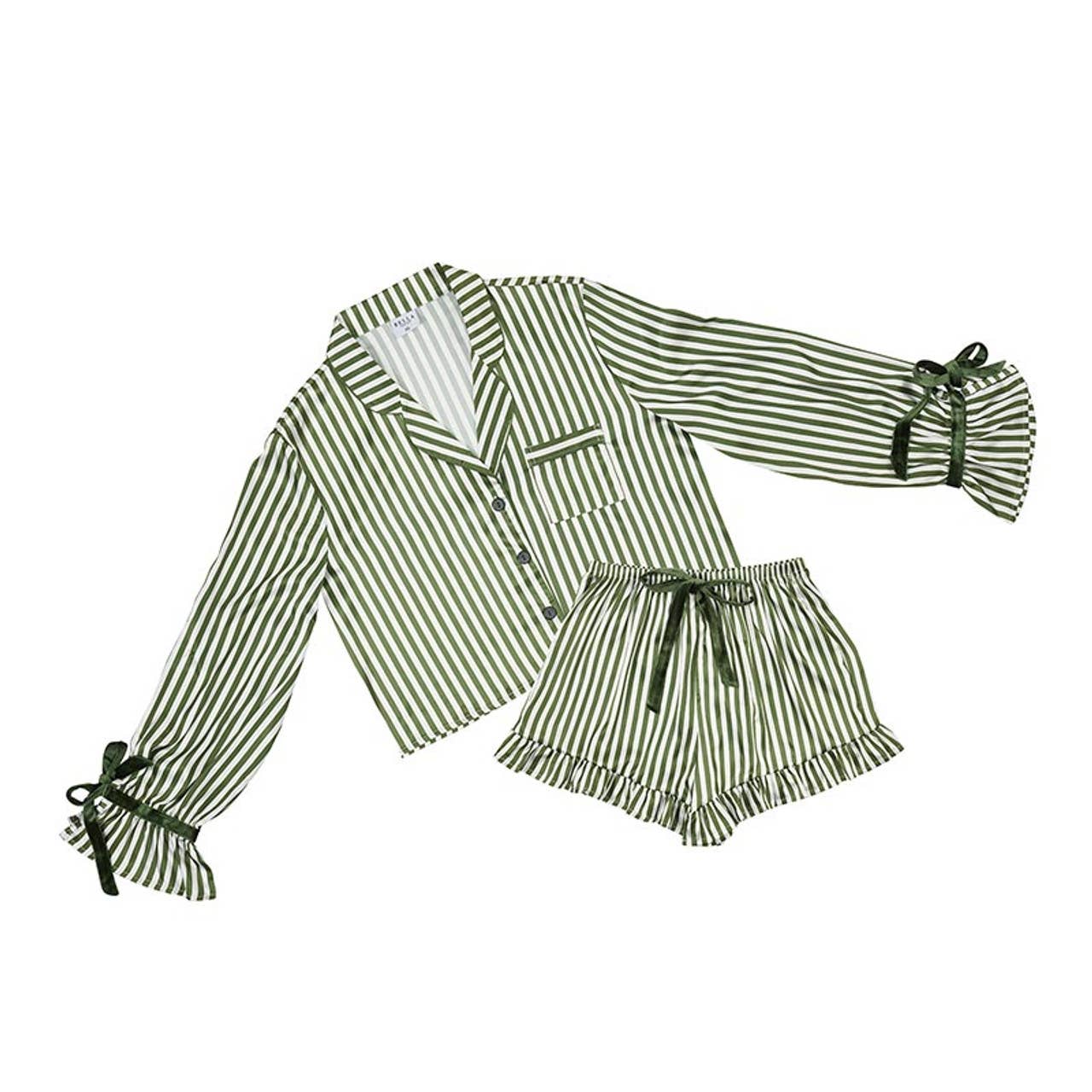 LAST CHANCE - Green Stripe Velvet Trim Pajama Set – Button Up Top & Shorts