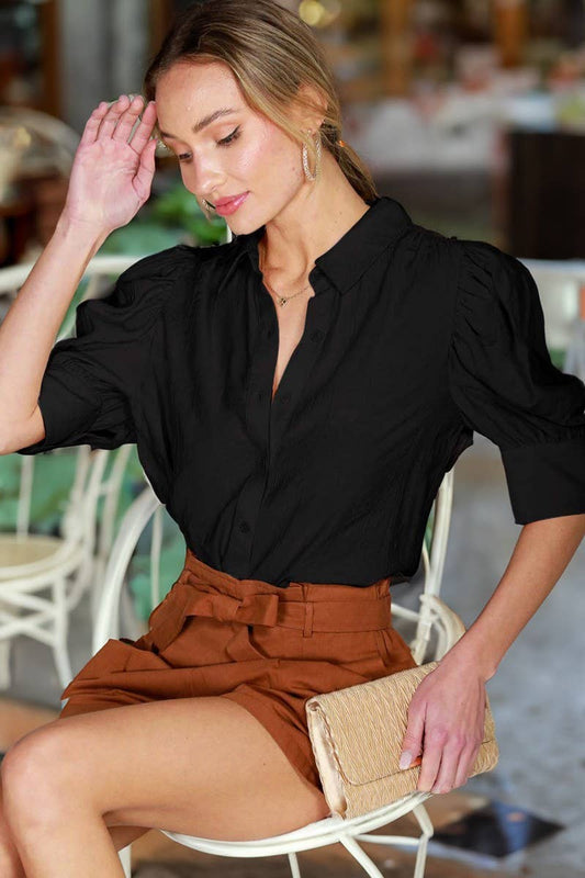 Collared Neckline Puff Short-Sleeve Blouse Top VT81707C