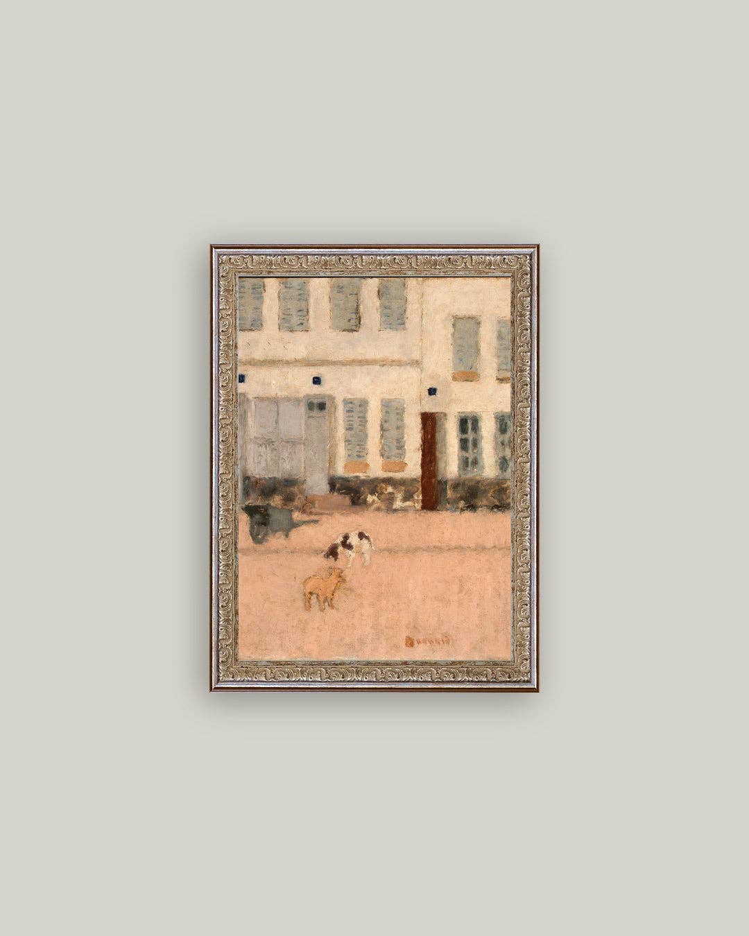 Two Dogs in Deserted Street Framed Antique Art