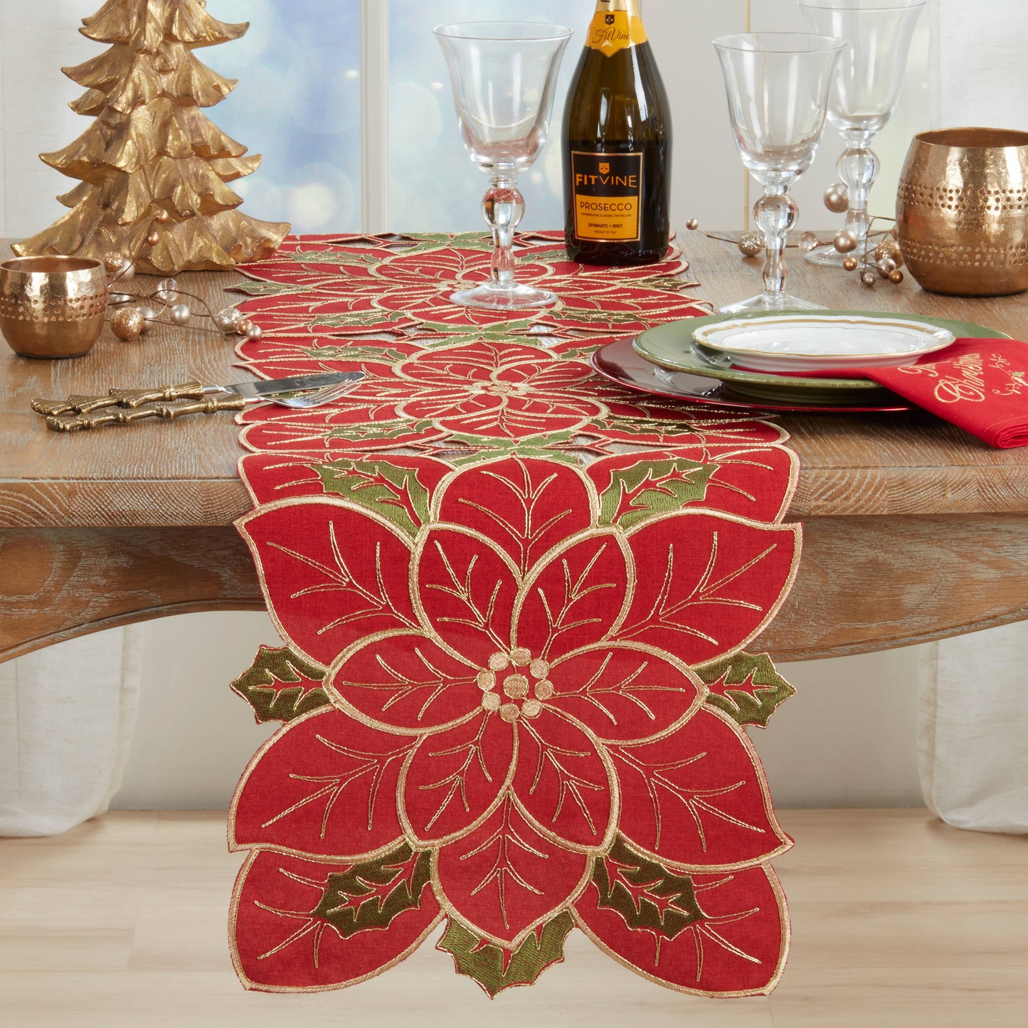 Embroidered Poinsettia Cutwork Bloom Runner