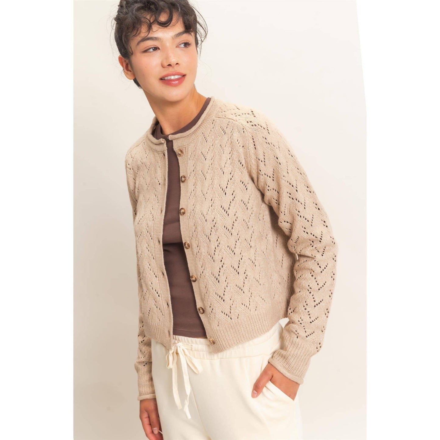 Pointelle Knit Button Front Cardigan