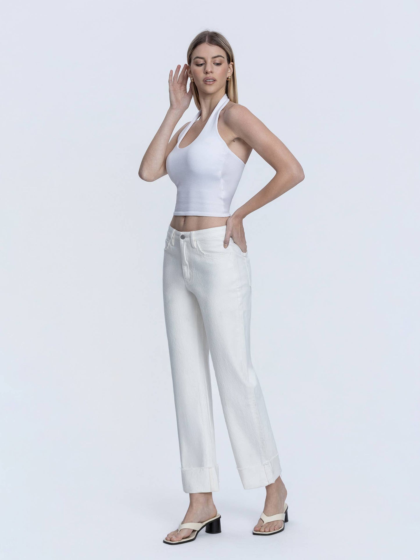 Cuffed Slim Wide Leg Jeans - Optic White