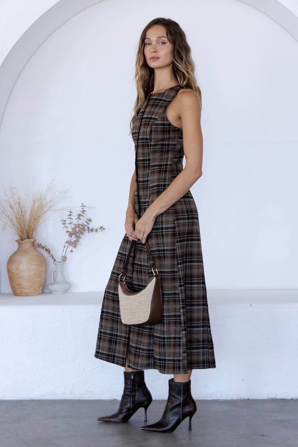 BROWN & BLACK PLAID BUTTON-FRONT MIDI DRESS