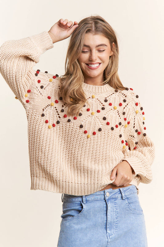 Eyelet Cable Knit  PomPom Knit Sweater Top