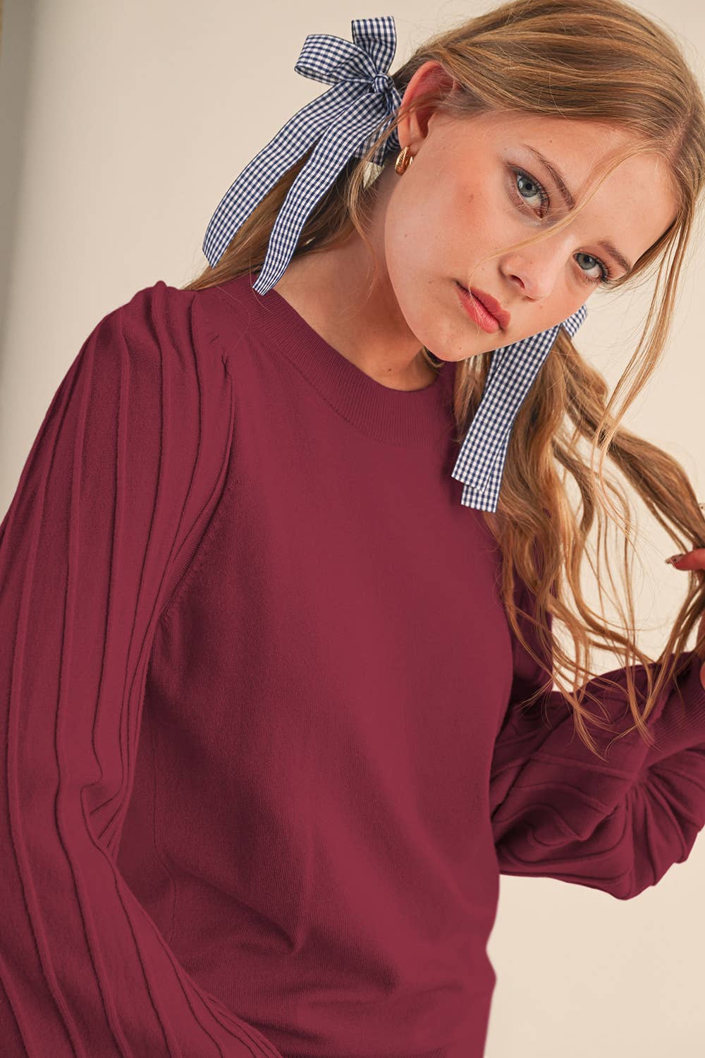 STRIPE TEXTURE PUFF SLEEVE SWEATER