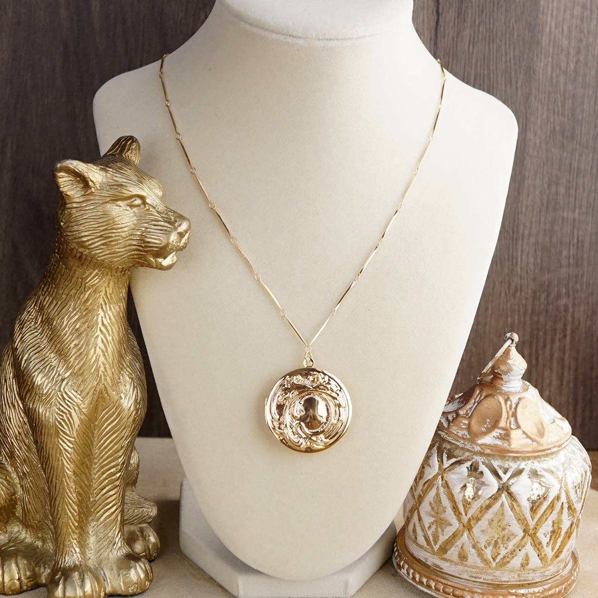 Vintage Inspired Locket Necklace - Long Gold Pendant Necklace