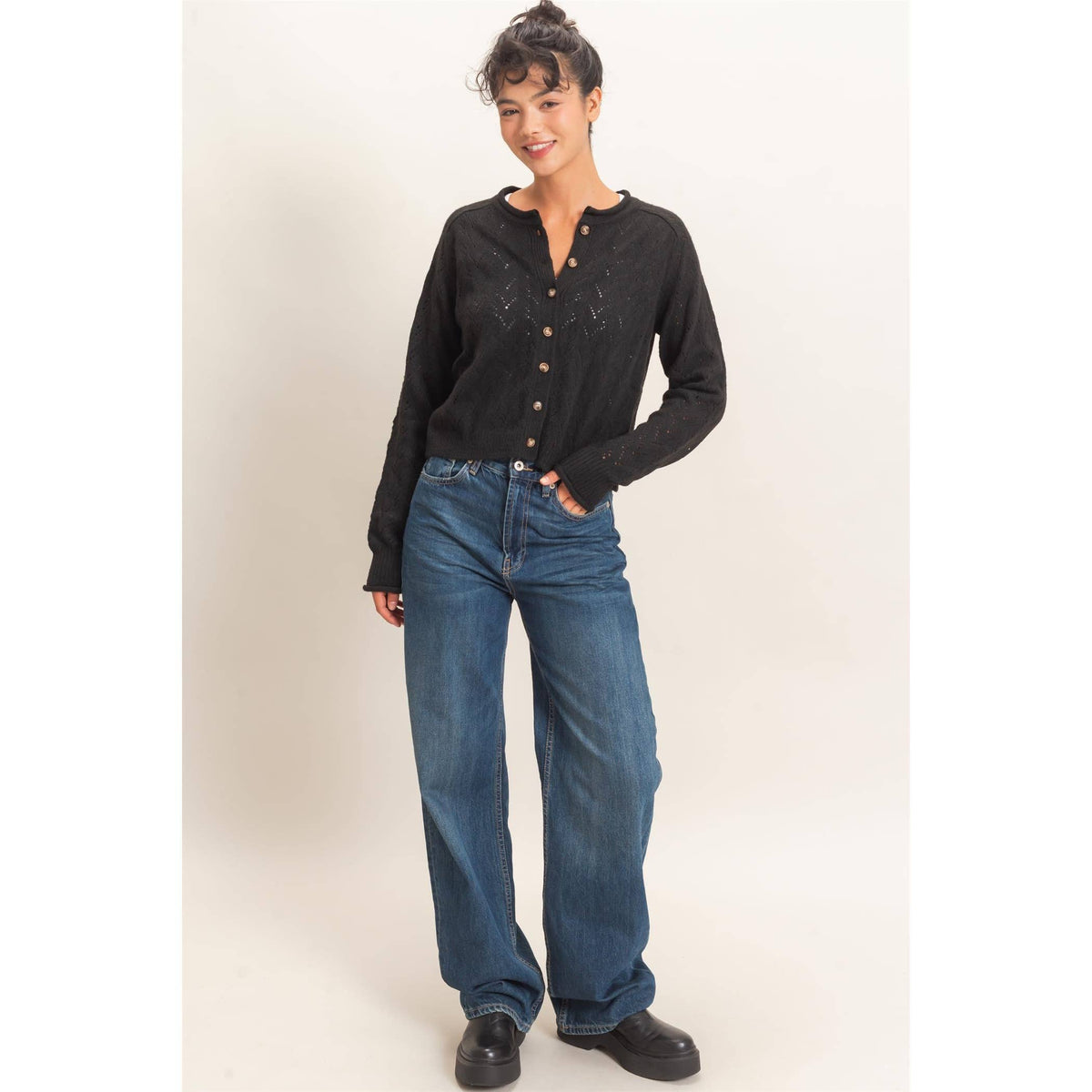 Pointelle Knit Button Front Cardigan