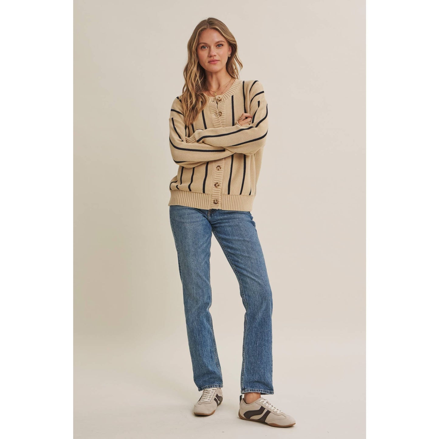 CITY POSTCARD EMBROIDERED STRIPE BUTTON-DOWN CARDIGAN