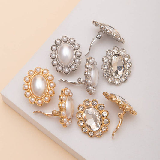 Oval Pearl And Crystal Clip On Earrings