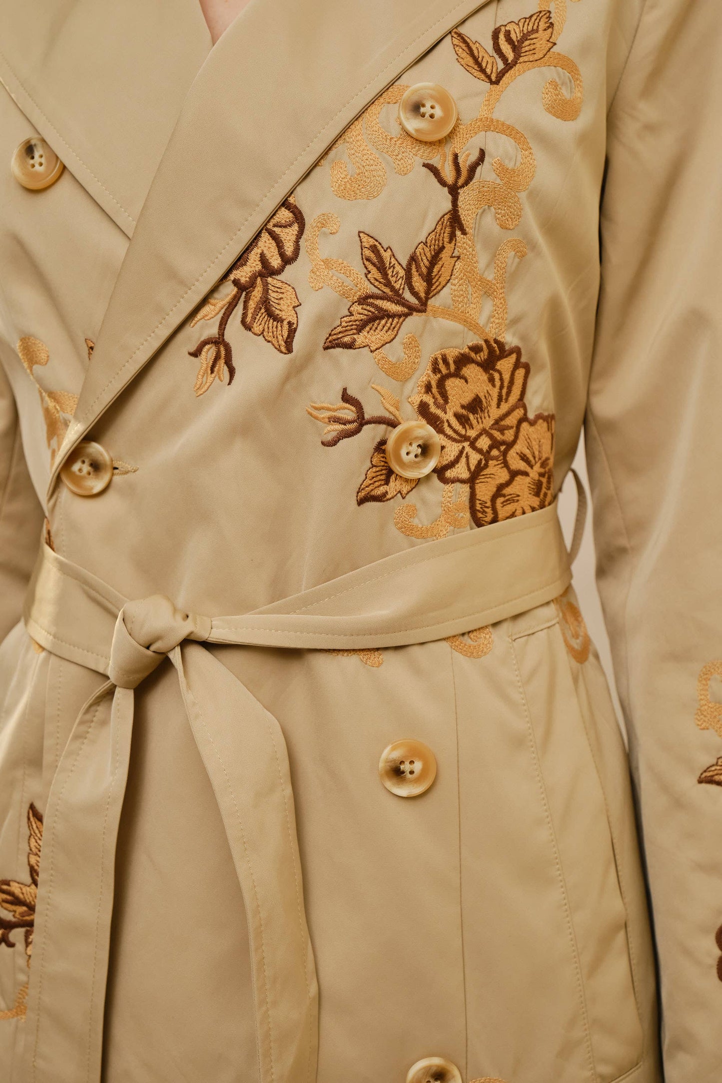 Floral Embroidered Double Breasted Belted Trench Coat