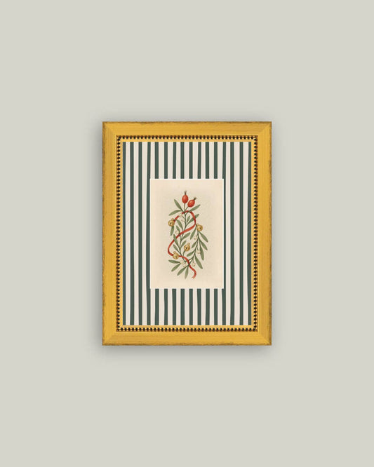 Holly Bells on Stripes Framed Antique Art