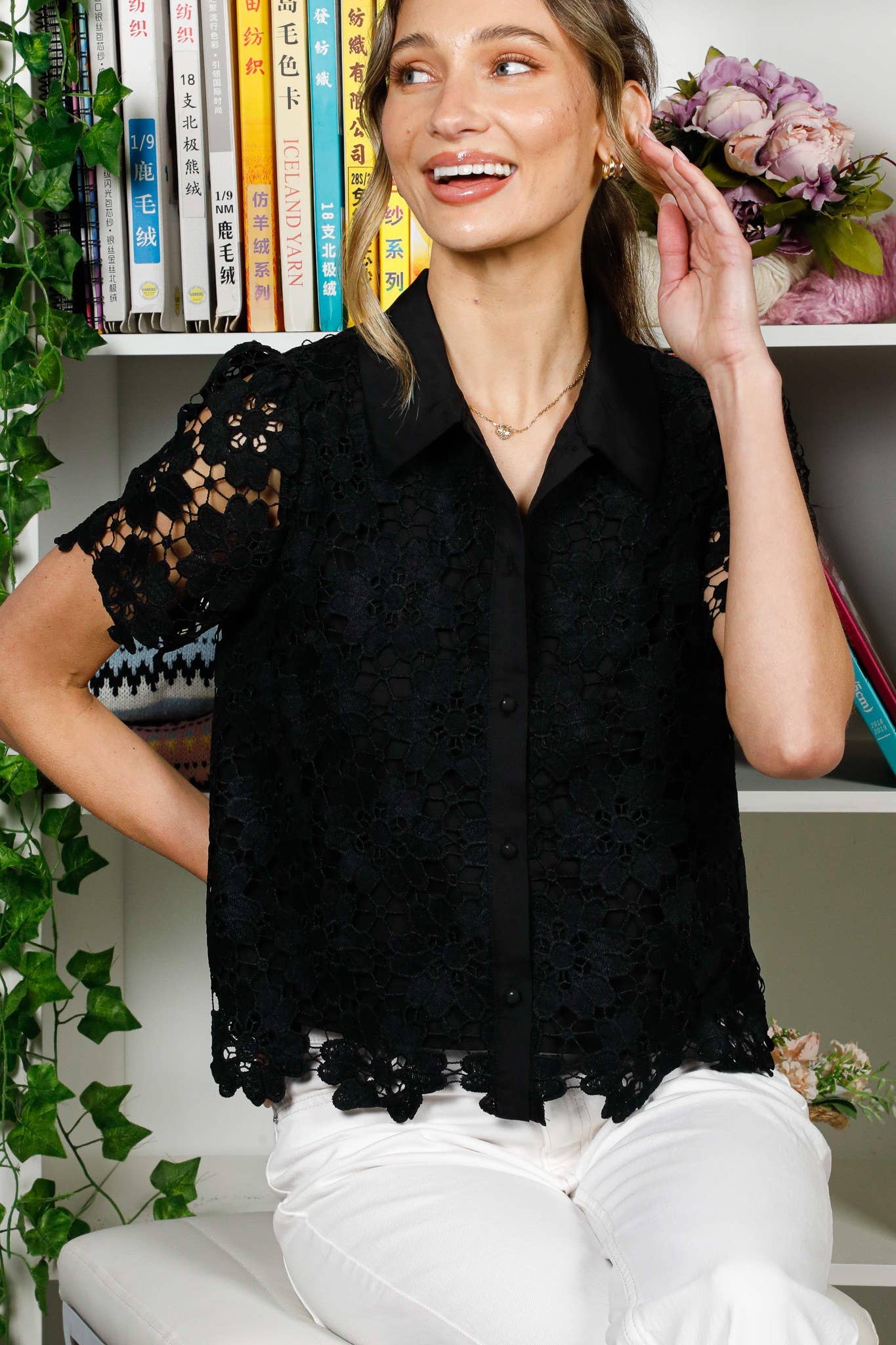 Hollow Out Eyelet Lace Collared Neck Blouse