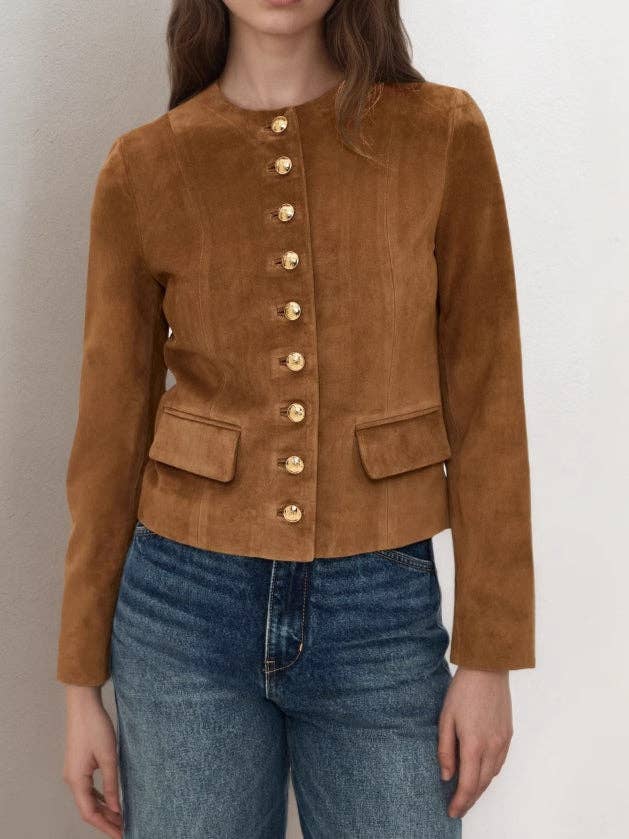 Brown Suede Cropped Jacket with Gold Button Detail