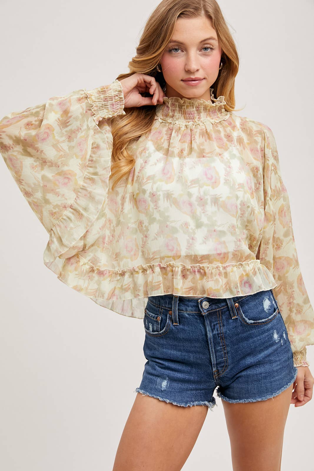 FLORAL PRINT RUFFLED MOCK NECK CHIFFON TOP