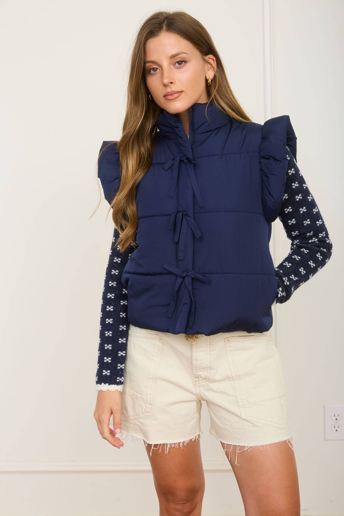 Flutter Sleeve Bow Detail Puffer Vest - Navy