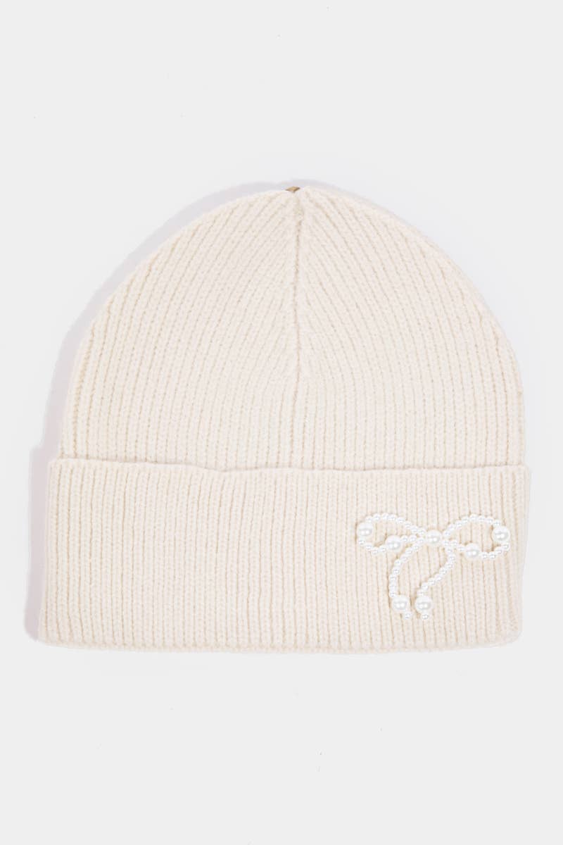 Pearl Beaded Ribbon Bow Charm Knitted Beanie