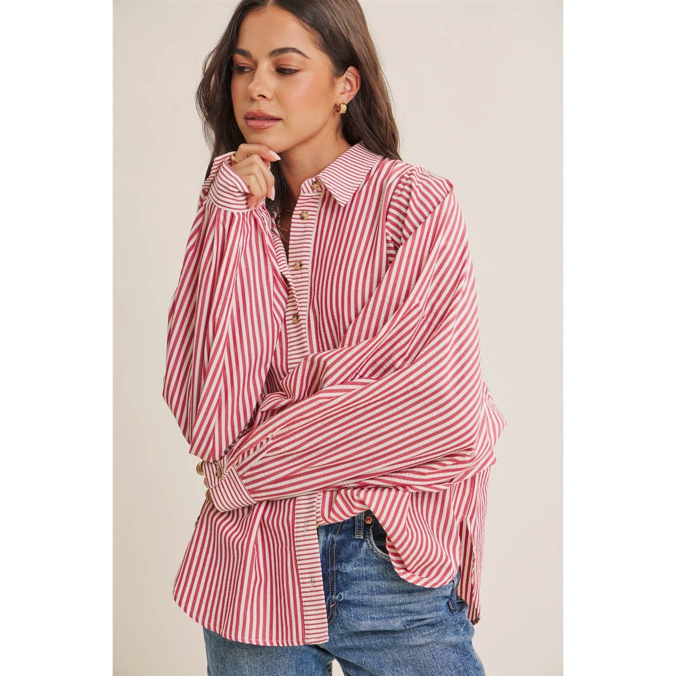 FRENCH CAFE EFFORTLESS DRAPE BATWING BUTTON-DOWN SHIRT