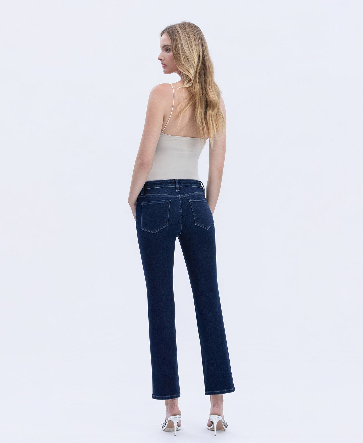 MID RISE DARK WASH ANKLE SLIM STRAIGHT JEANS