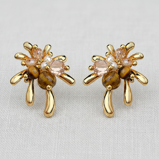Tiger's Eye and Pearl Firework Burst Earrings