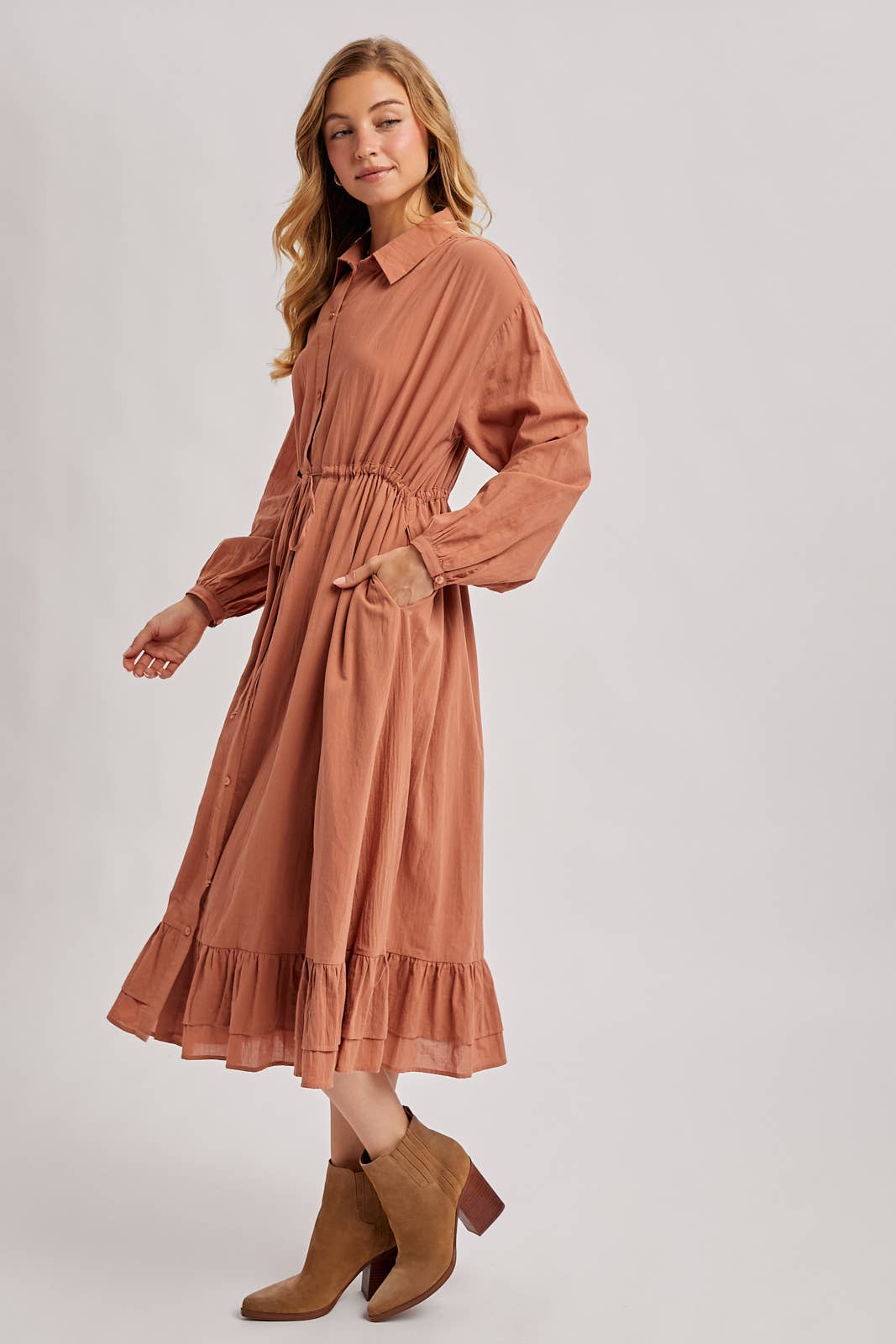 RUFFLED MIDI OPEN DUSTER OR SHIRT DRESS