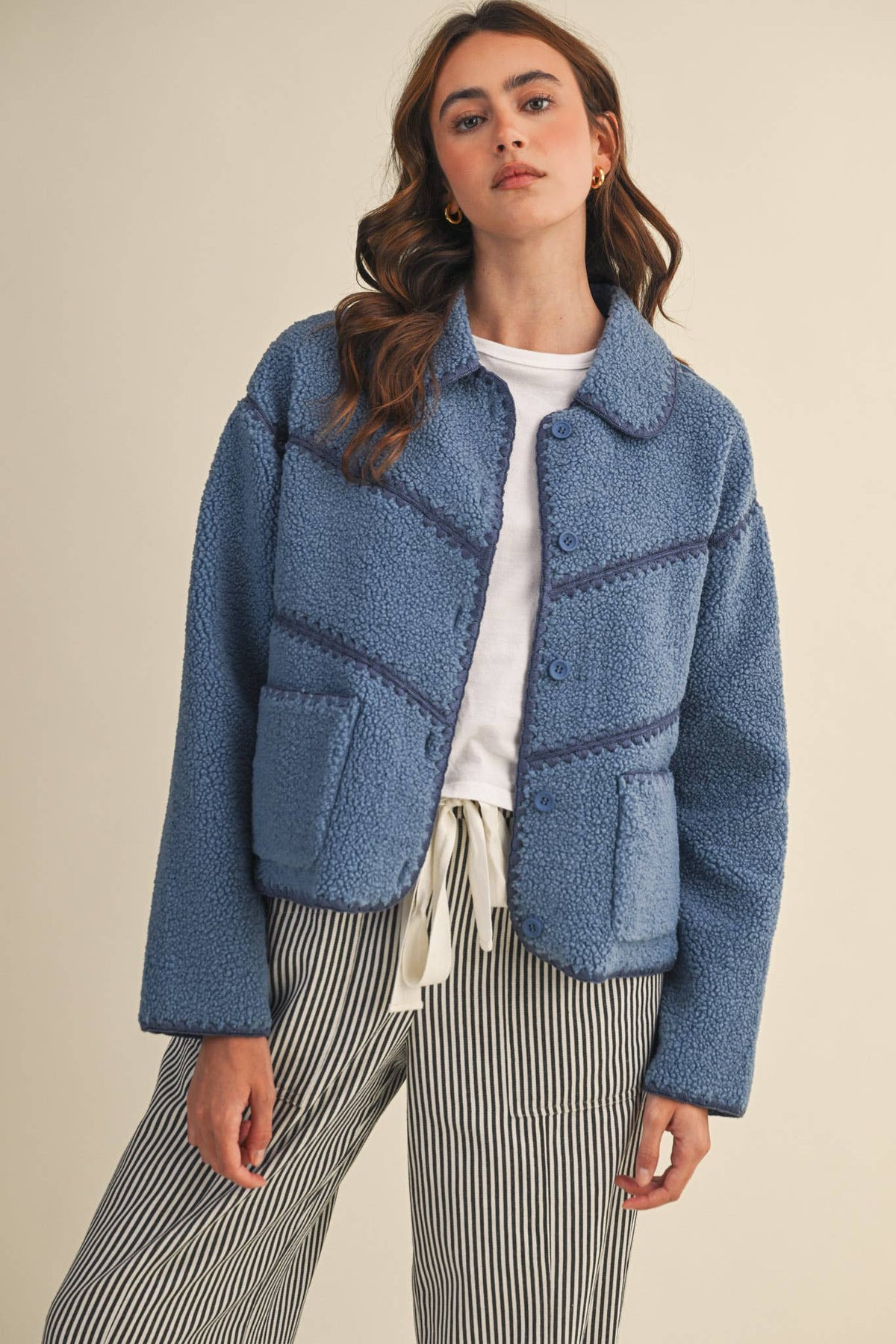 FAUX SHERPA FLEECE JACKET WITH BLANKET STITCH