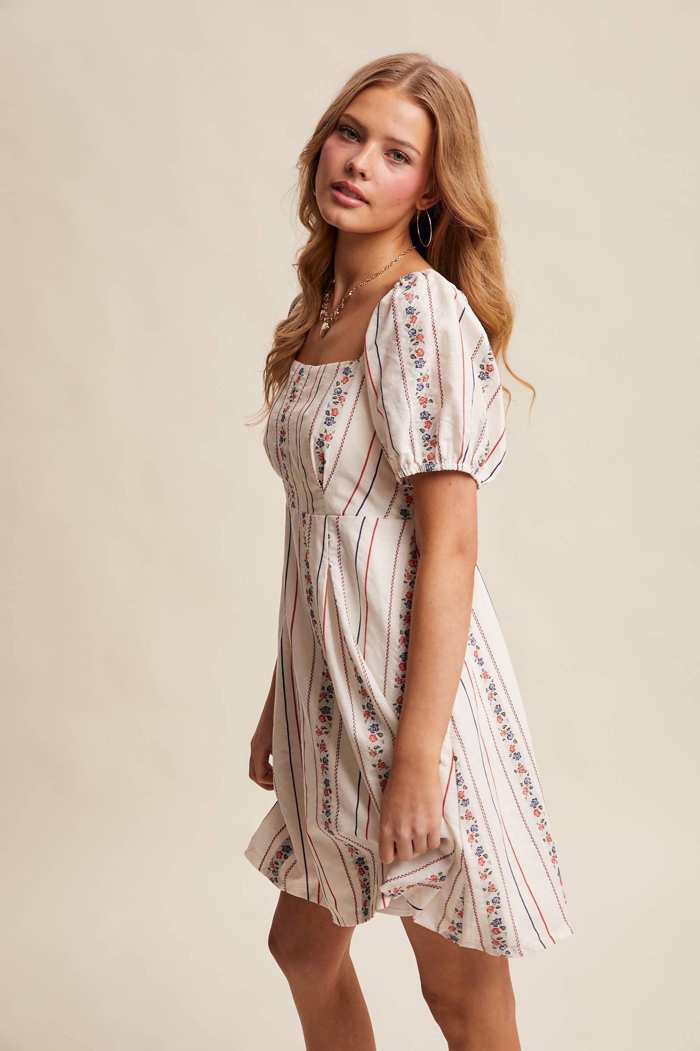 Floral Stripe Puff Sleeve Dress