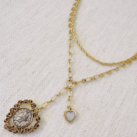 Double Chain Heart Pendant Necklace – Layered Gold Links with Vintage-Style Charm