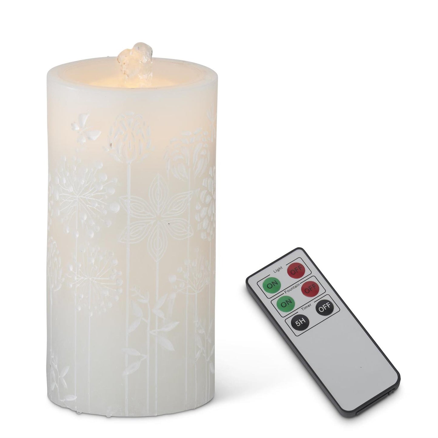 Flower Etched LED Wax Pillar Water Candle w/Timer & Remote