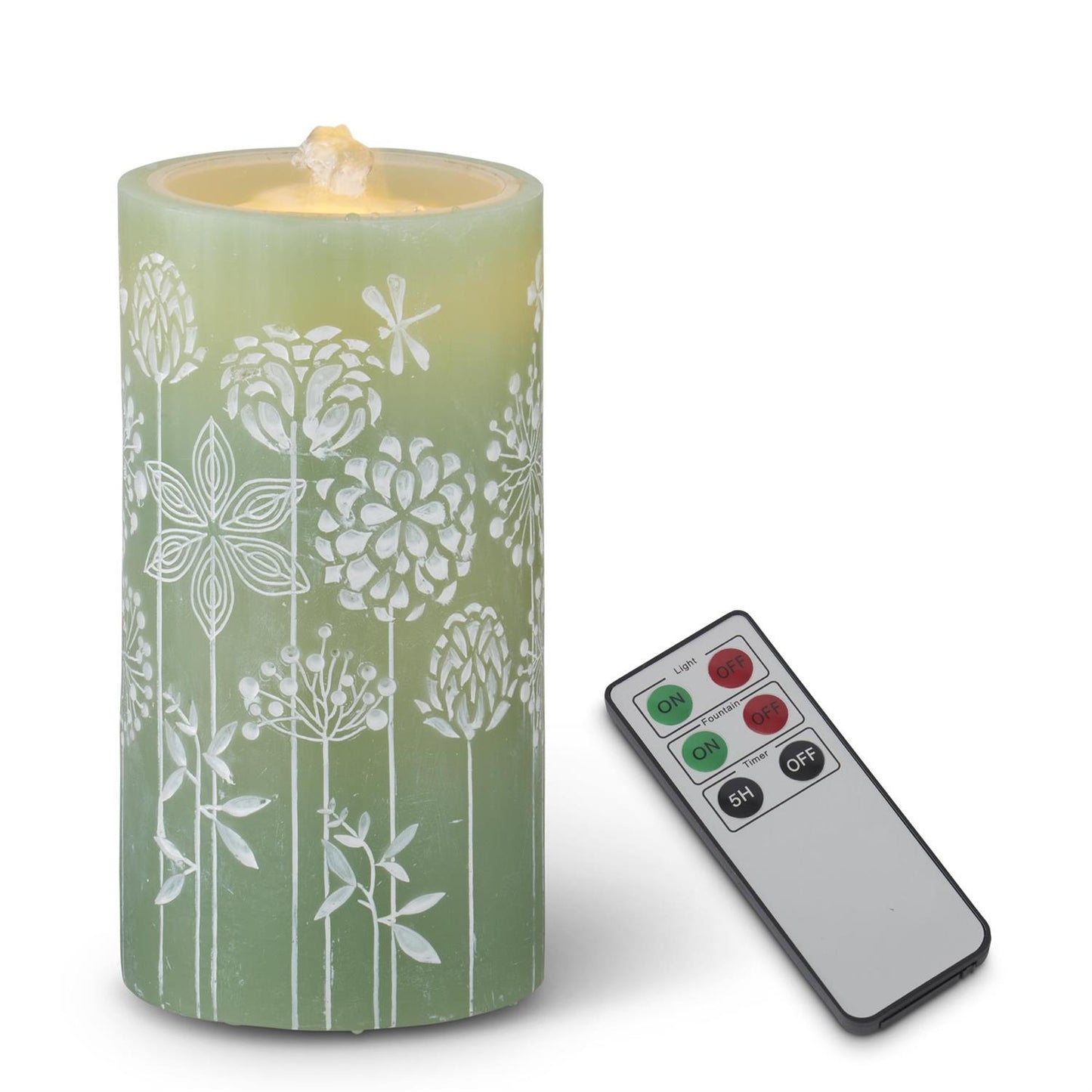 Flower Etched LED Wax Pillar Water Candle w/Timer & Remote