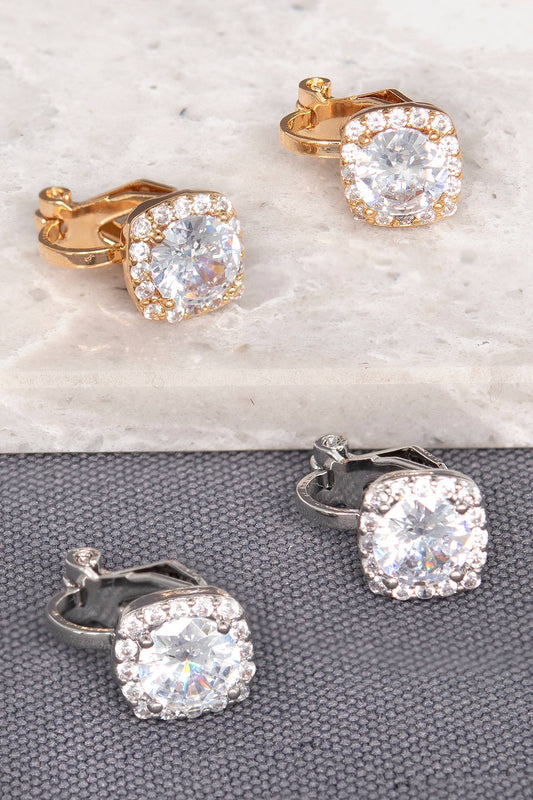 Gold Plated CZ Square Halo Clip-On Stud Earrings