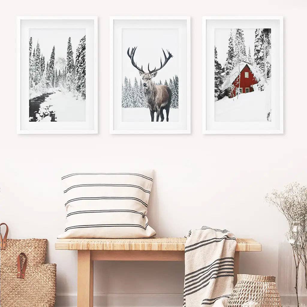 Winter Landscape Wall Art Print. Winter Red Log Cabin, Deer