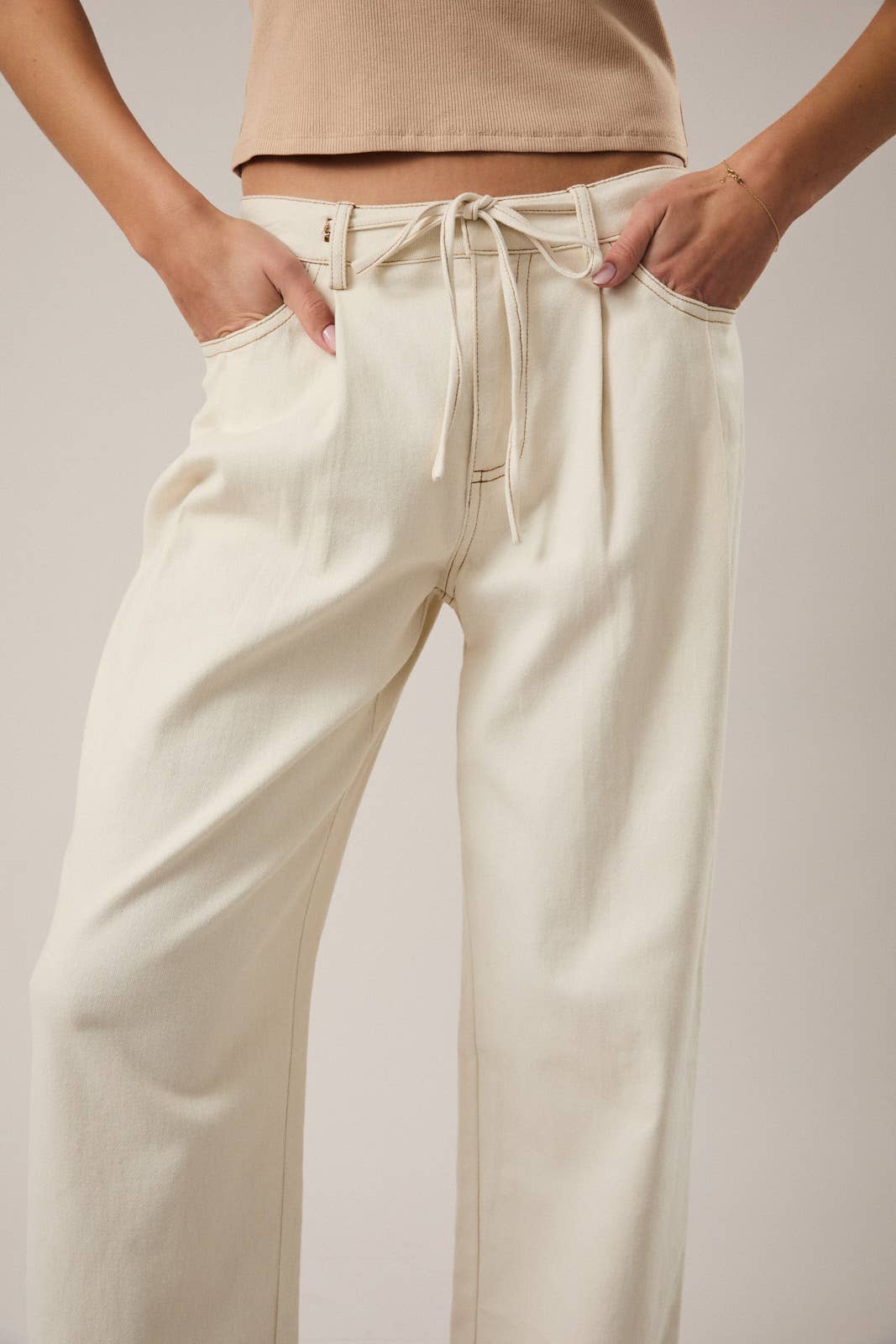 Drawstring Waist Pleated Twill Wide Leg Pants - Cream
