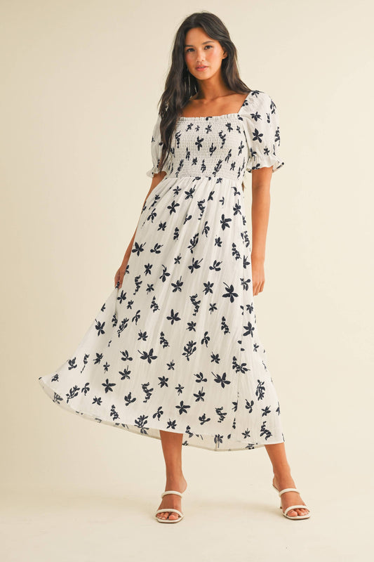 ID8847-A  FLORAL MIDI PUFF SLEEVES DRESS