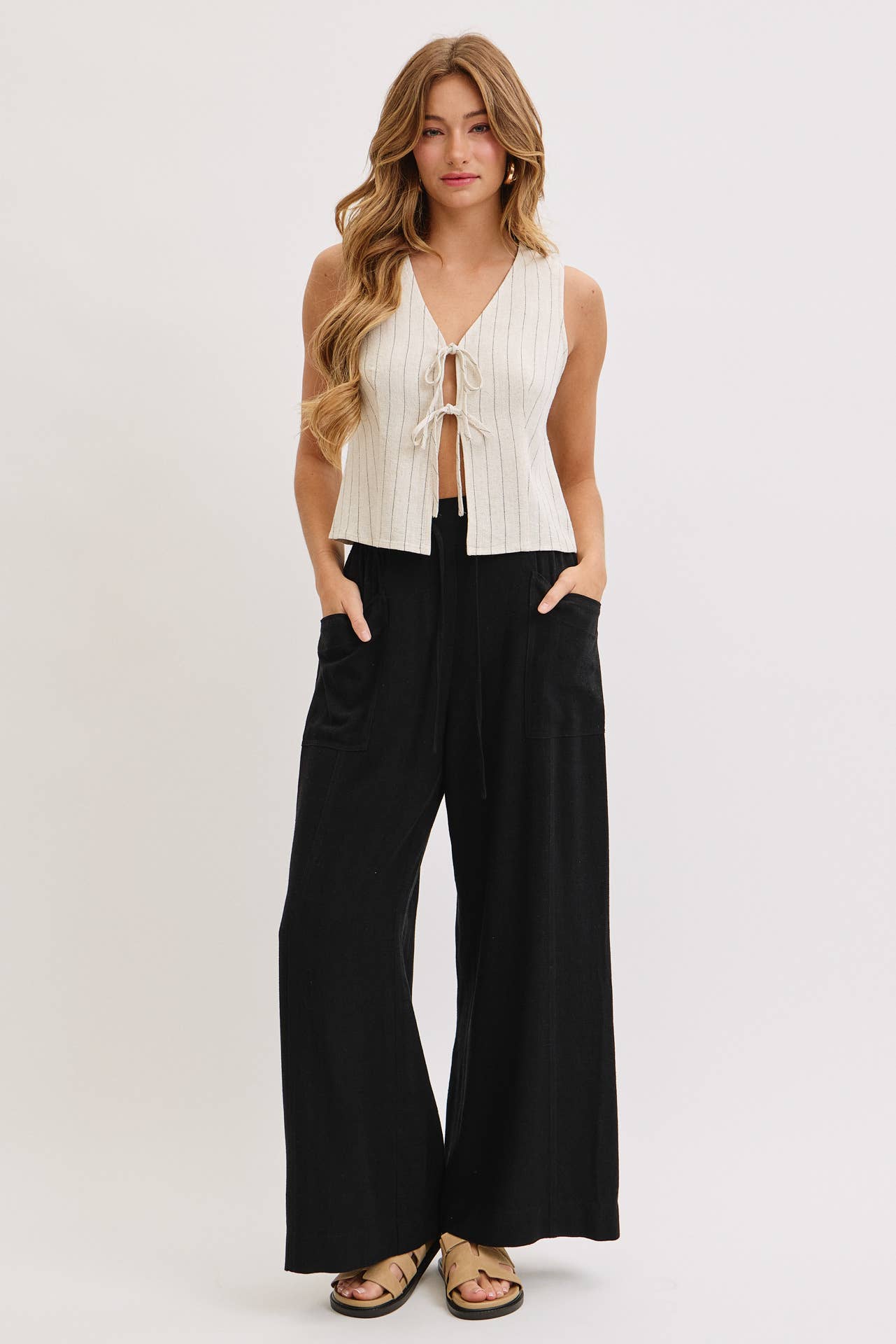 WIDE LEG TIE WAIST LINEN PANTS