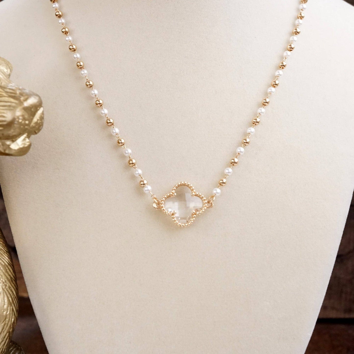 Lucky Light Clover Pendant Necklace with Pearls - Gold or Silver