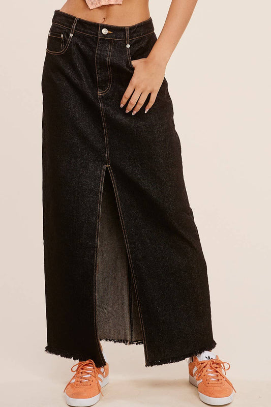 Mid-Rise Denim Maxi Skirt with Front Slit