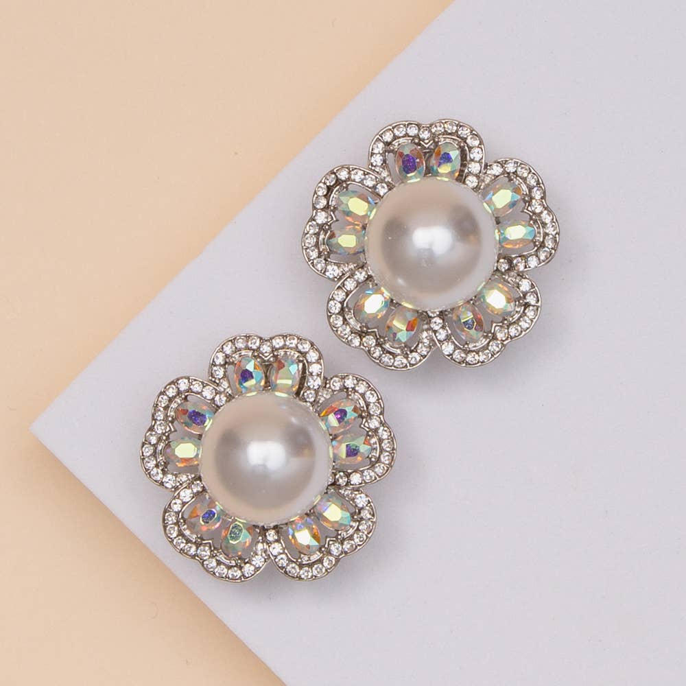 Pearl Crystal Flower Clip-On Earrings with Rhinestone Accent
