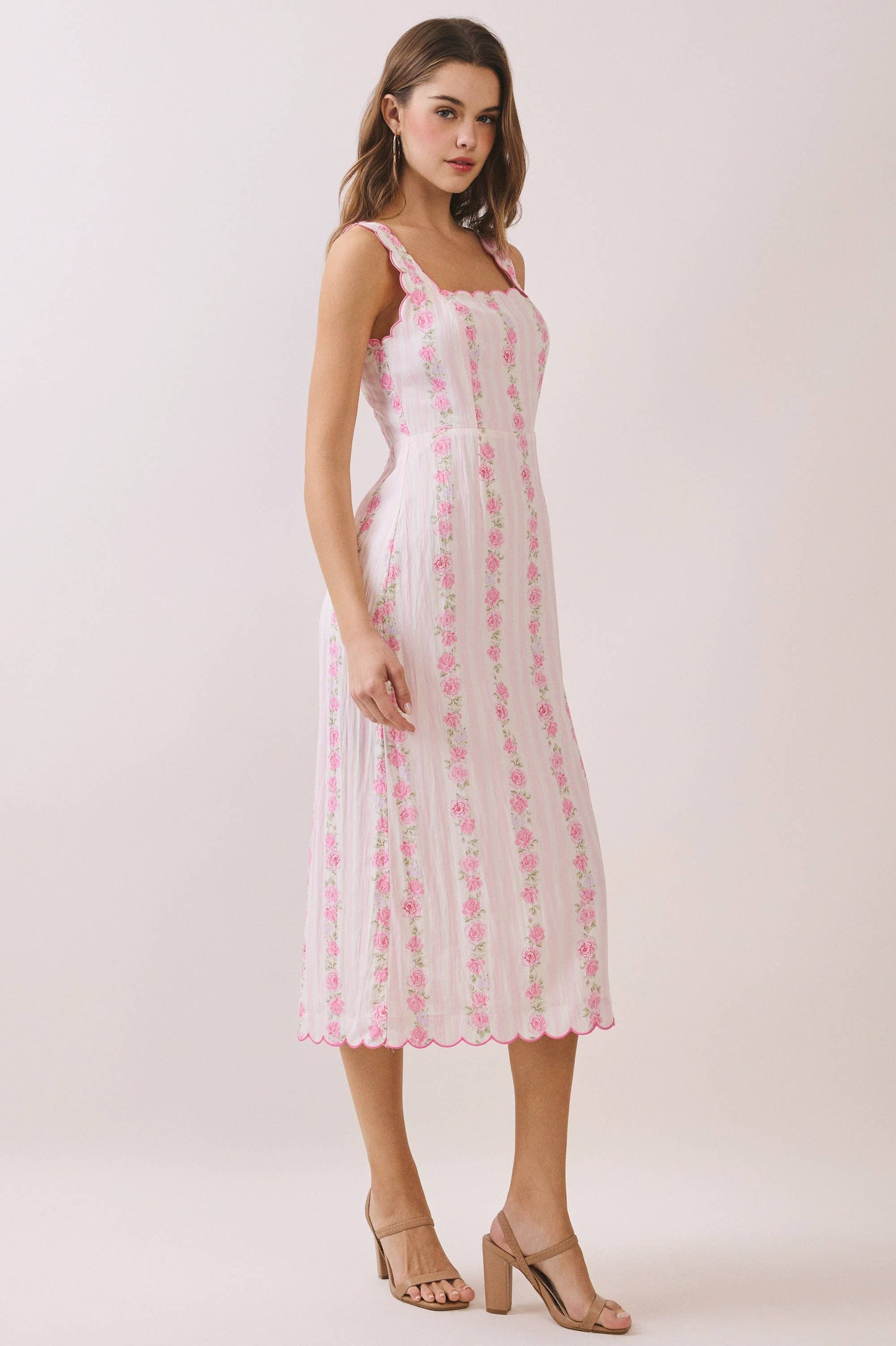 Pink Floral Stripe Scalloped Midi Dress