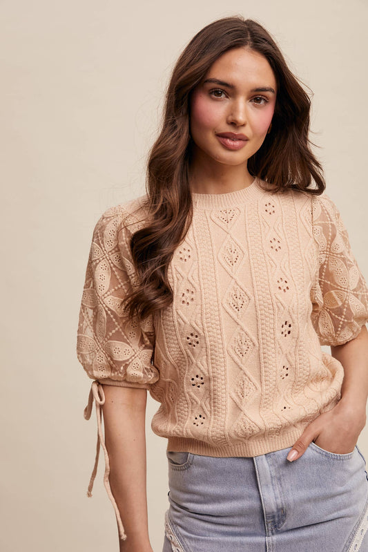 Eyelet Puff Sleeve Knit Sweater Top