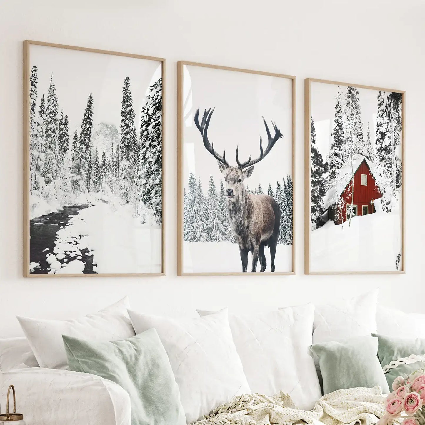 Winter Landscape Wall Art Print. Winter Red Log Cabin, Deer