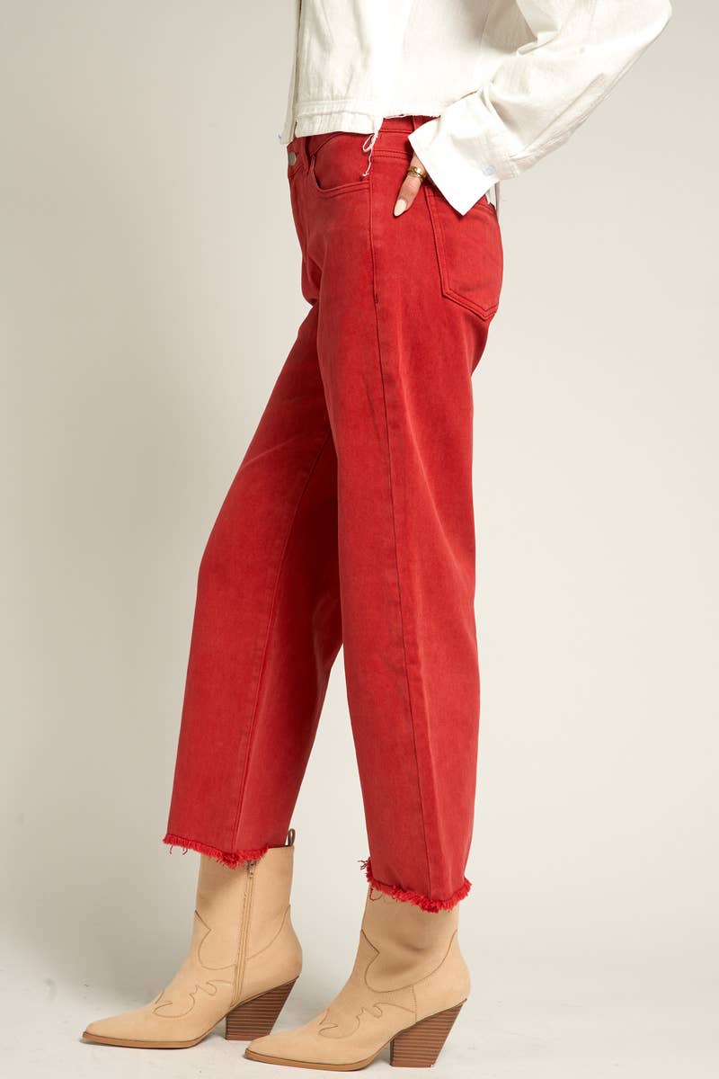 Red Cropped Frayed Hem Jeans