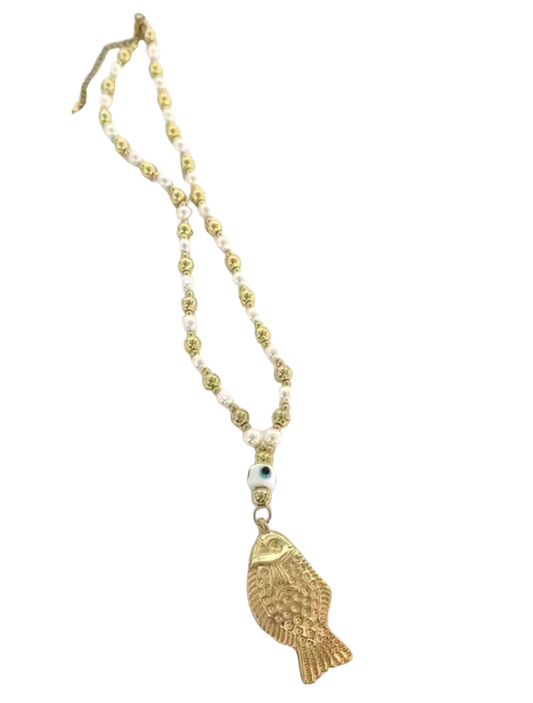 Aglio Italian Lucky Fish Pearl Evil Eye and Gold Necklace